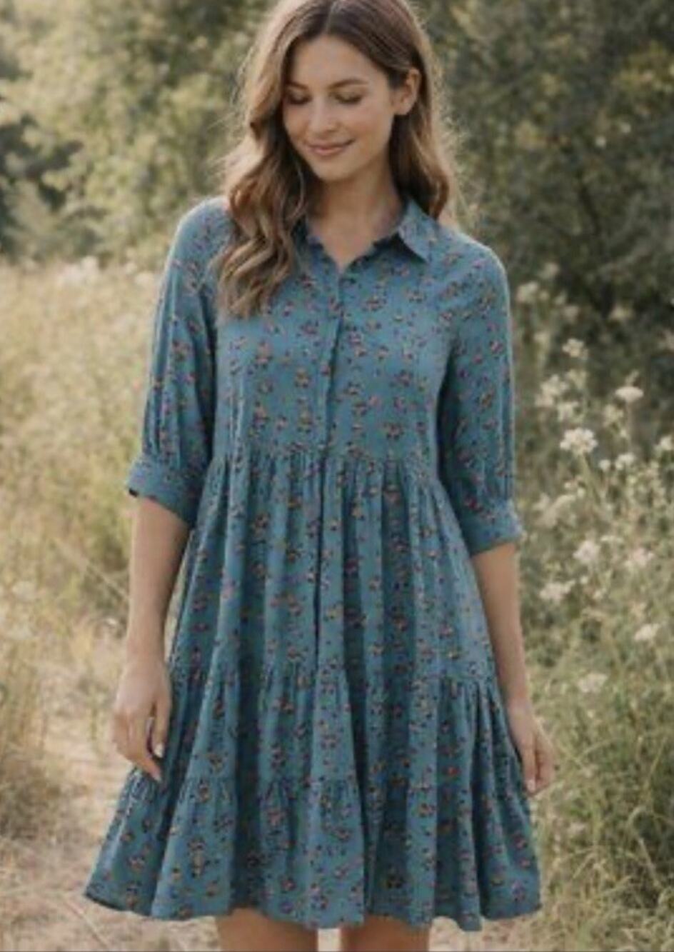 Natural Life Becca Mini Dress— XS/S Teal Floral Tiered Boho Holly Hobbie Prarie